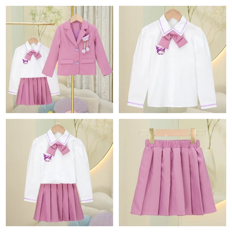 

Горячая рубашка Sanrio для девочек, пальто, юбка, комплект Kuromi Kawaii, аниме, студенческие осенние топы с лацканами, плиссированная юбка, комплект из 3 предметов, детская одежда