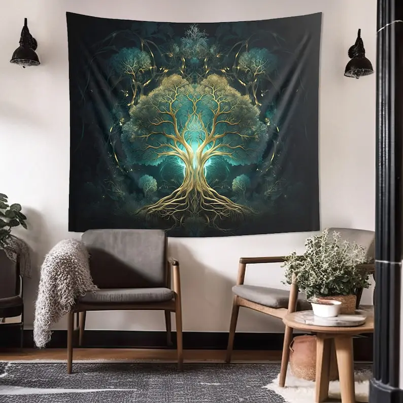 Sacred Tree Tapestry Cosmic Nature Art Boho Wall Hanging Mystical Home Decor Spiritual Living Room