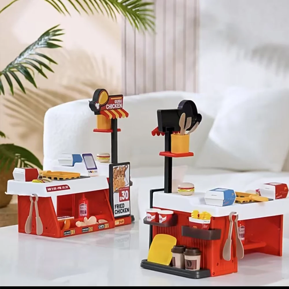 Mini Playhouse Simulazione Pollo fritto Negozio Utensili da cucina Set Negozio per barbecue Cucina Cibo a colori variabili Kitchenwaer Regali per bambini