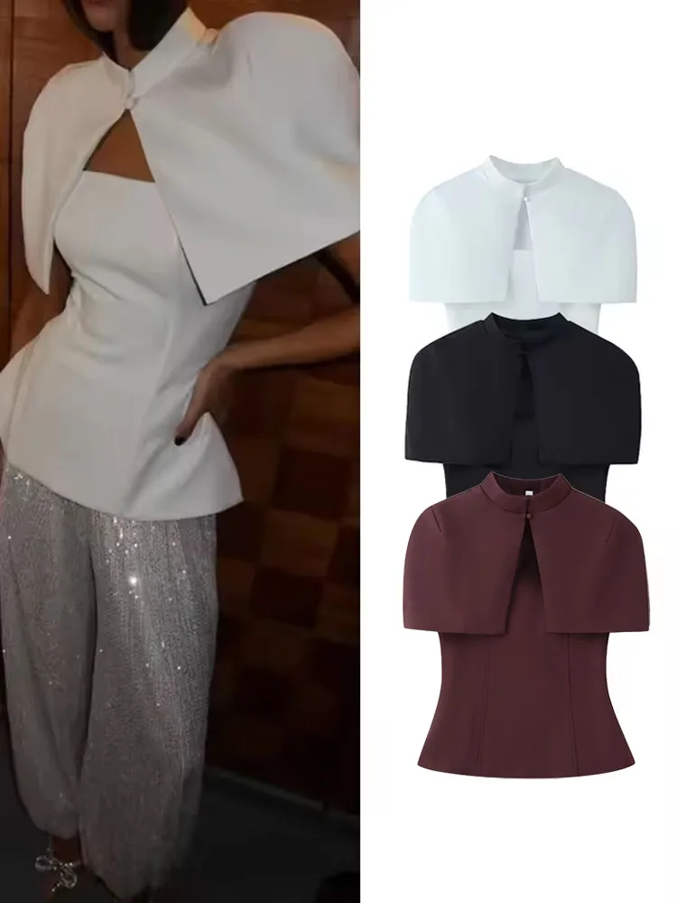 

BKQU Elegant Women 2 Piece Set Strapless Zipper Vest+Vintage O-Neck Button Cloak Matching Suit Female Chic Party Tops 2026