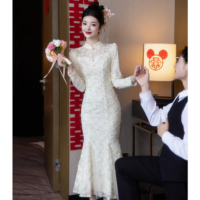 Lace Bride Wedding Cheongsam Chinese Style Vestidos De Novia Sexy Mermaid Dresses Mid Length Qipao Elegant Robe De Soiree