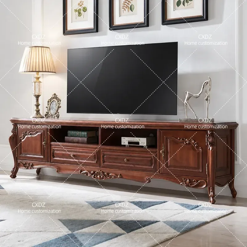 American Solid Wood TV Cabinet 2m Living Room Console Table European Retro Storage Floor Unit 2.4m for Villa Large Apartment