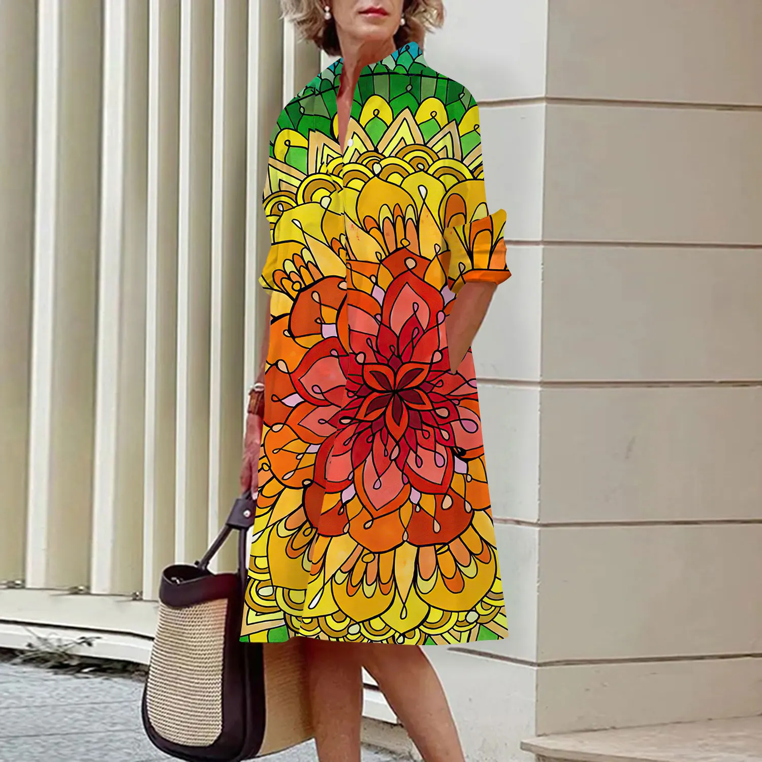 Spring and Summer Women\'s Dresses Fashion Lapel Printed Long Sleeve Shirt Street Shooting High Temperament New Traveling Gowns