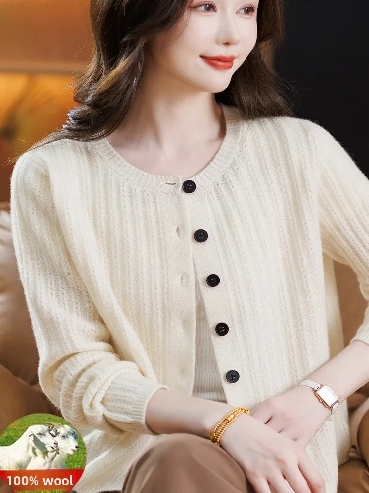 

00% вязаный кардиган из чистой шерсти, женский круглый свитер Ne, осень-зима, модный универсальный топ для среднего возраста и ли