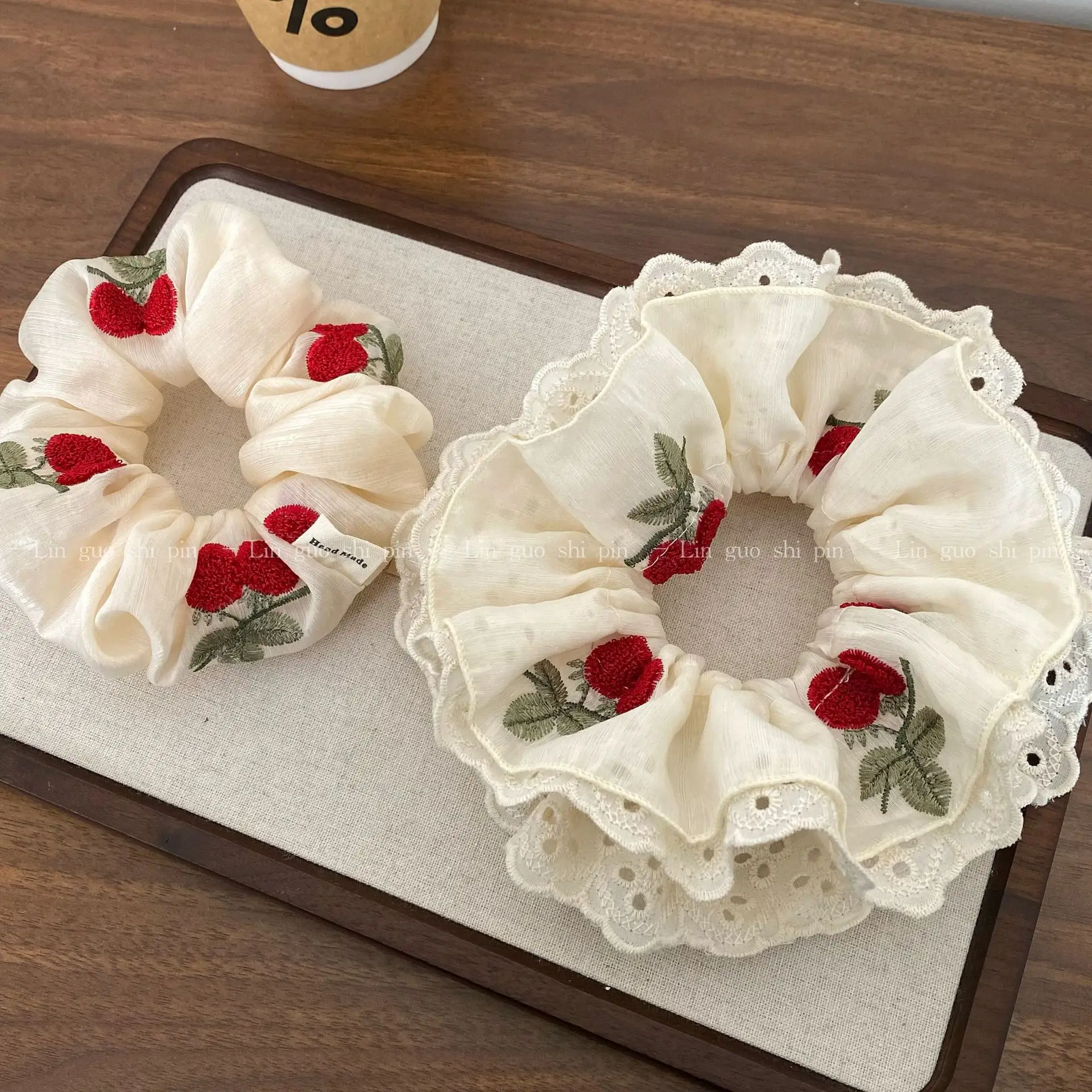 Layer Lace Scrunchies Cherry Embroidery Vintage Sweet Hair Ties for Women Bun Ponytail Holder Premium Daily