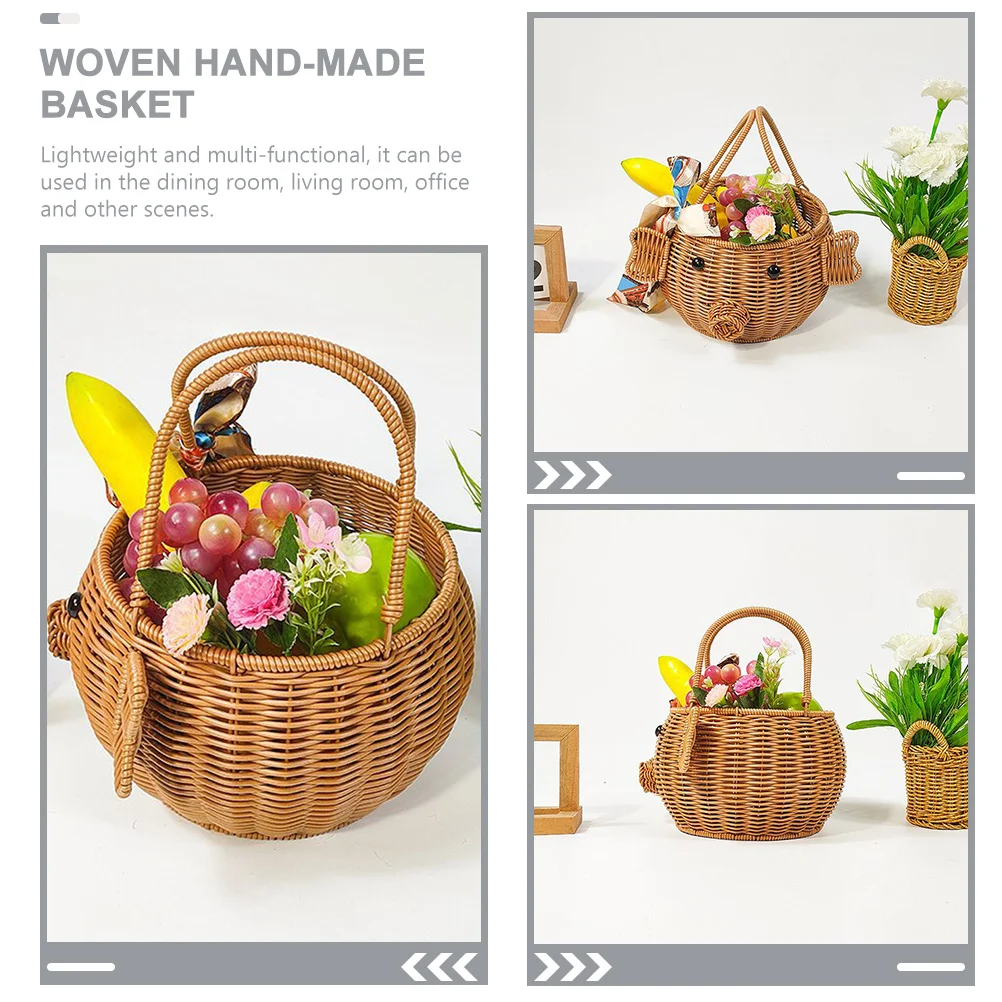 

Imitation Rattan Fruits Basket Cartoon Pig Handle Lightweight Multi-Function Storage Basket Kitchen Table Organizer for Snacks