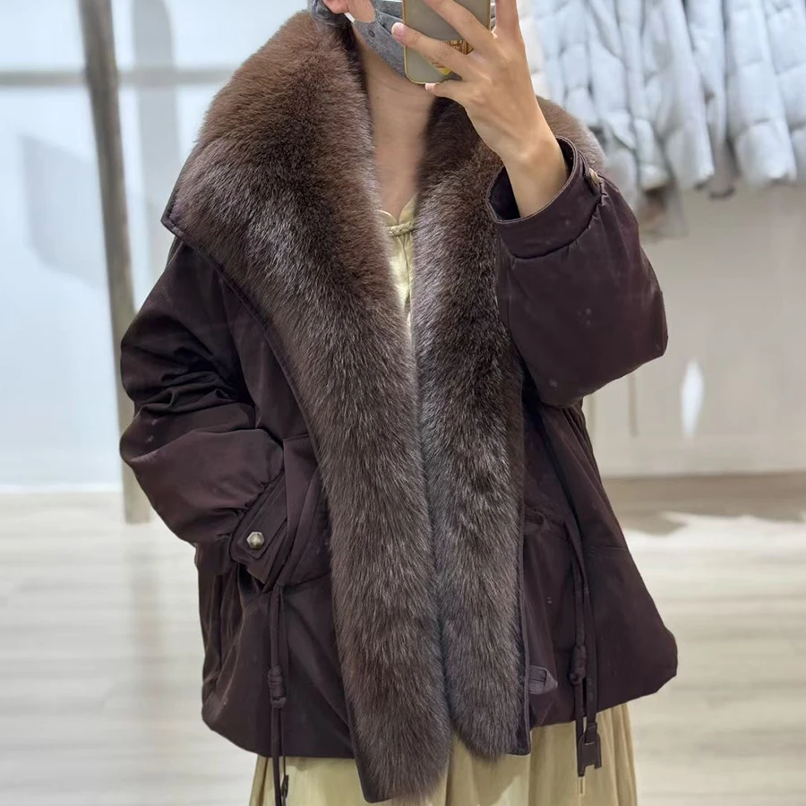 Women's Winter Down Jacket With Shawl Collar Short Real Fox Fur Puffer Jacket Genuine Fox Fur Coat Fashion Furry Jacket