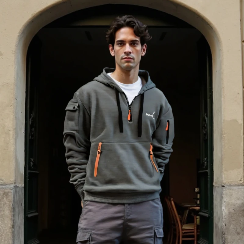 

Autumn and winter men's casual multi-pocket long-sleeved sweatshirt, zipper hooded men's pullover, large-sized men's hoodie