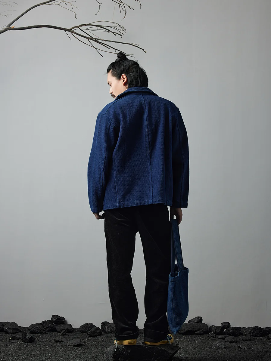 

Indigo Blue Dyed Suit Jacket Heavy Sashiko Casual Japanese Retro Washed Coat Jacket
