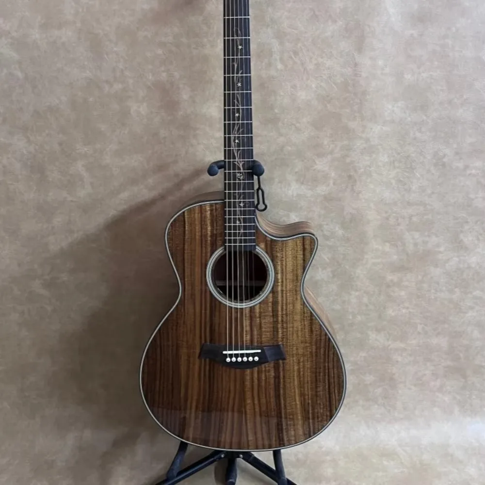 Natural Wood Grain 41-Inch 6-String K24 Folk Acoustic Guitar with Tiger-Striped Acacia Top and Artistic Inlays—Advanced Acoustic Guitar for Performance and Stage Use