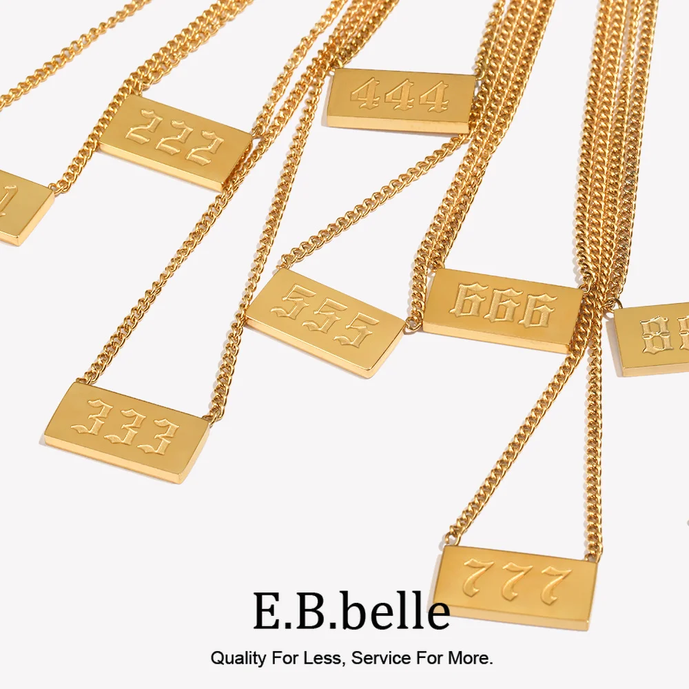 E.B.belle Square Plate 111 222 333 Lucky Angel Number Necklace Girl\'s Birthday Gift 18K Gold Plated Stainless Steel Jewelry