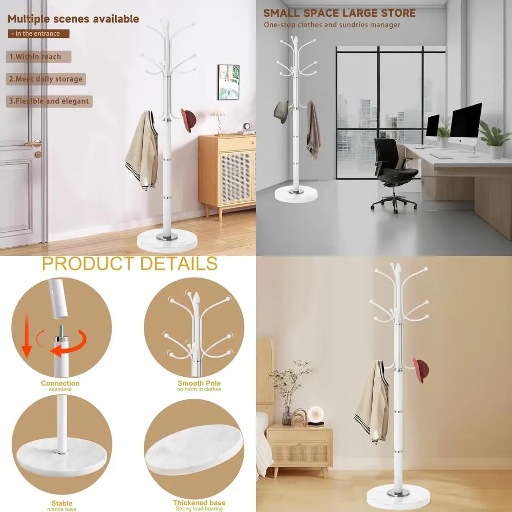 

Отдельно стоящая вешалка для одежды с основанием из натурального мрамора, вешалка в стиле белого дерева для прихожей и прихожей (12 крючков)