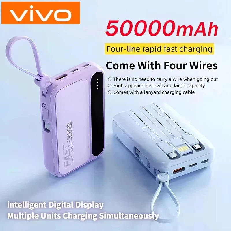 Batería Portátil VIVO con Cables Integrados 4 en 1, 50000mAh de Gran Capacidad, Pantalla Digital Inteligente, Ligera, para Samsung, Nueva