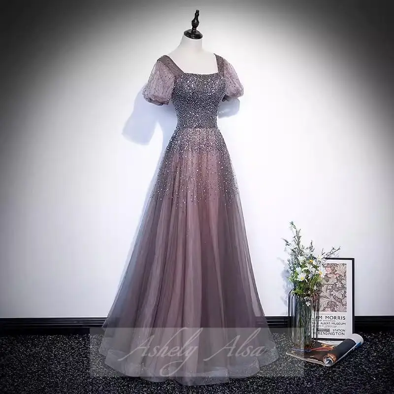 Elegant Real Picture Short Sleeve Women Evening Dresses Square Neck Sequined A Line Mother Of Bride Formal Party Gown Prom Wear