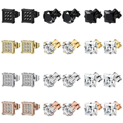 1 Pair Hypoallergenic Stainless Steel Square Round Cubic Zirconia Stud Earrings Set for Women Men Silver Black Gold Rosegold