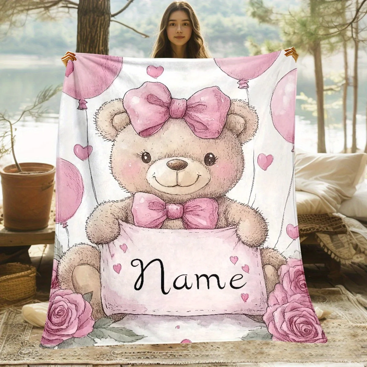1pc Bear with a Pink Bow Portable Blanket - Lightweight Throw for Sofa, Bed, Travel, Camping, Living Room, Office, Couch, Chair