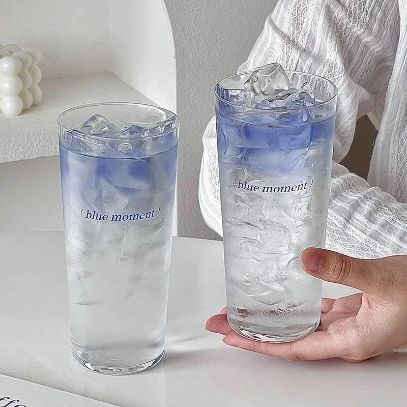New Original Blue Letter Glass Cup Niche Design Minimalist Milk and Juice Cup Creative Drink and Coffee Cup Exquisite Tableware
