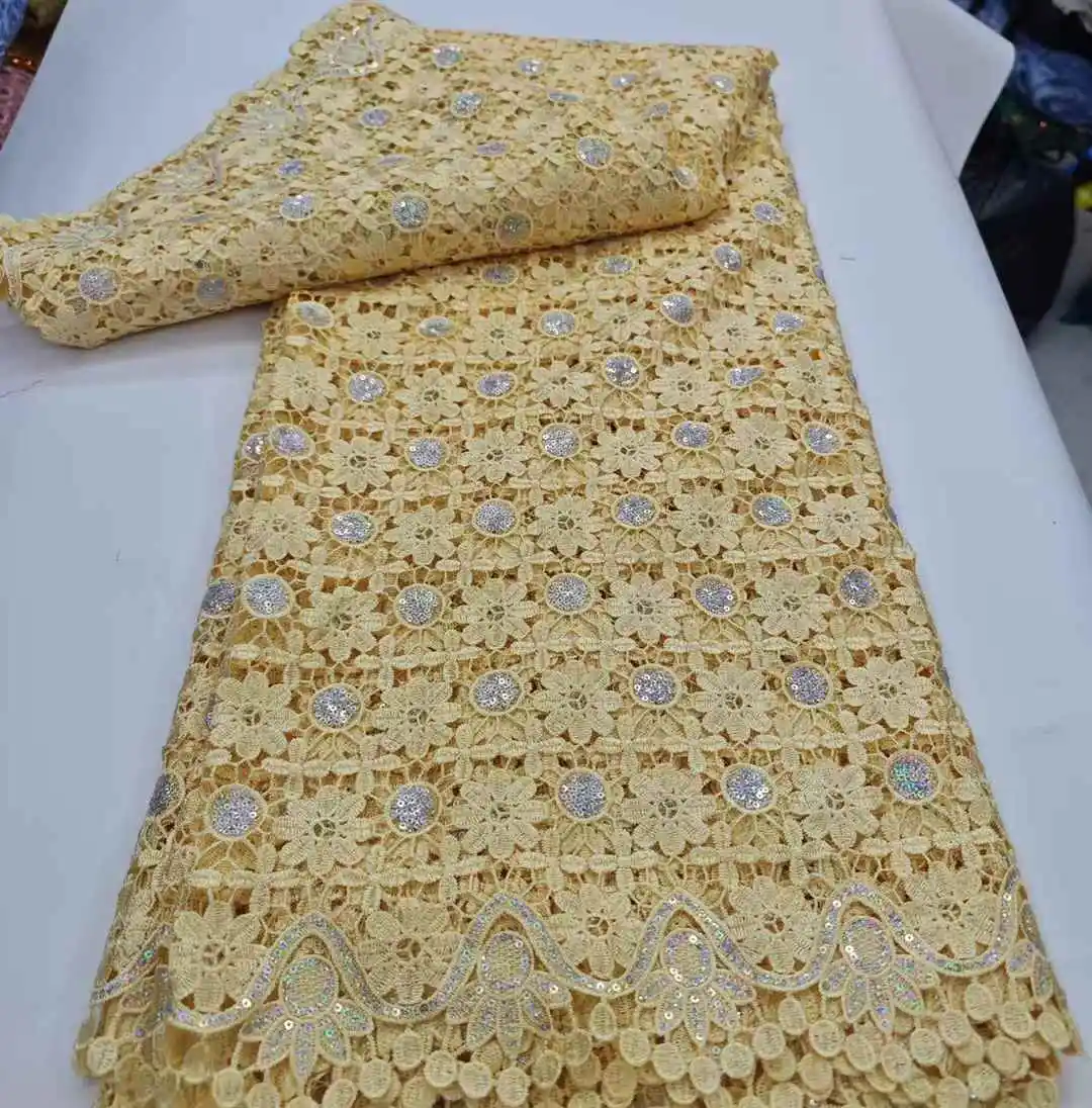 Latest African Guipure Cord Lace Fabric 2025 Style Nigerian Water Soluble Lace Fabrics 5 Yards for Wedding Party