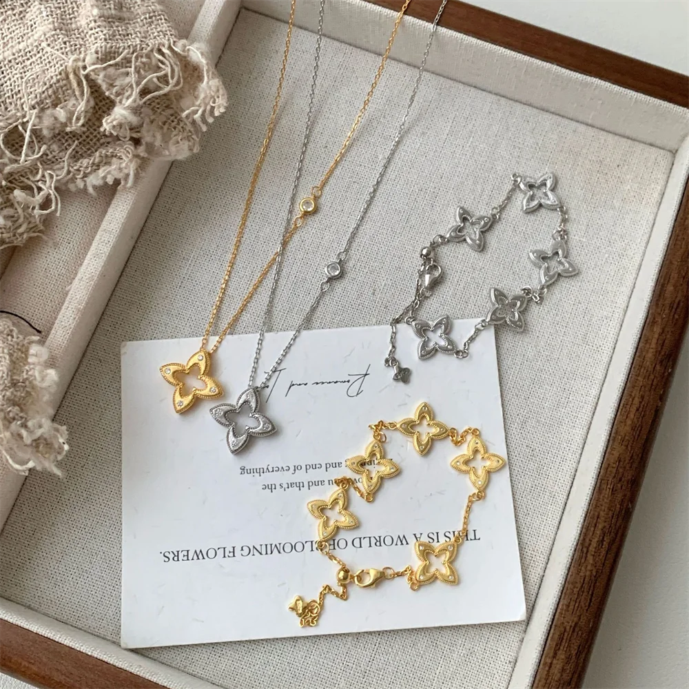 

Корейский универсальный комплект из 2 предметов из серебра 925 пробы, матовый цветочный звездообразователь, минималистичный нишевый браслет и ожерелье премиум-класса INS