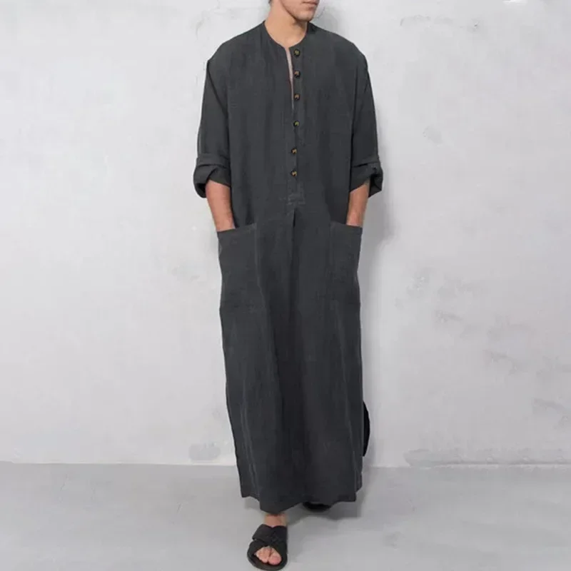LIBIELIY Dubai Saudi Arab Men New Style Muslim Loose Stand Collar Long Sleeve Obe Abaya Casual Male Islamic Arabic Muslim Kaftan