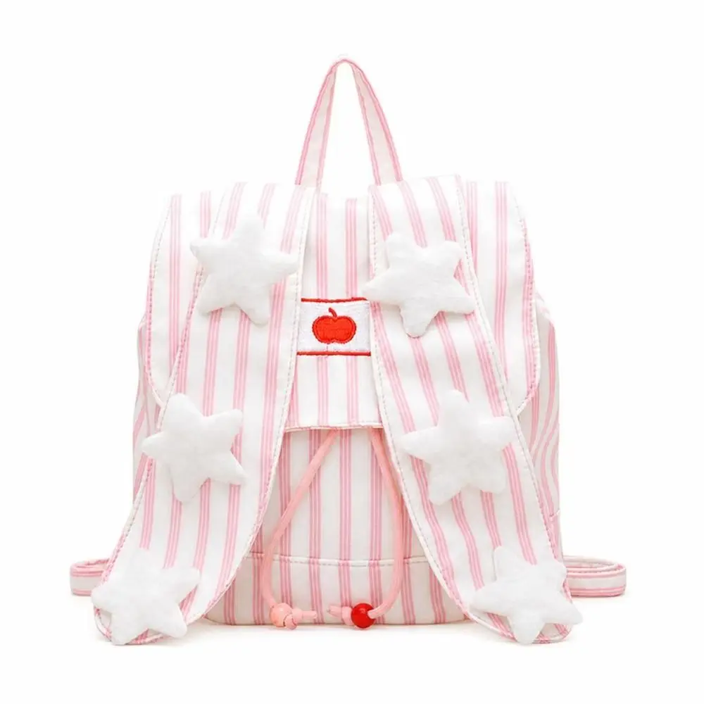 Canvas Backpack Rabbit Ear Backpack Striped Pattern Rabbit Ear Flap Bunny Backpack Canvas Adjustable Shoulder Straps