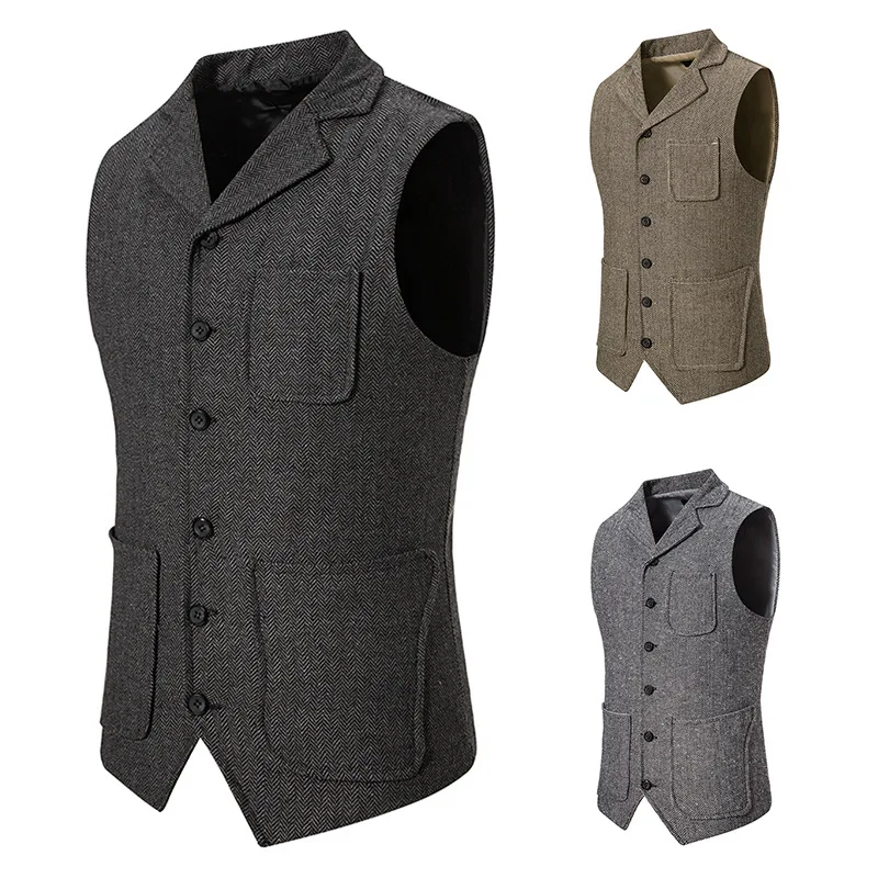 New Men's Herringbone Denim Single Breasted Lapel Vest Style Men's Suit Jacket for Foreign Trade Spring and Autumn