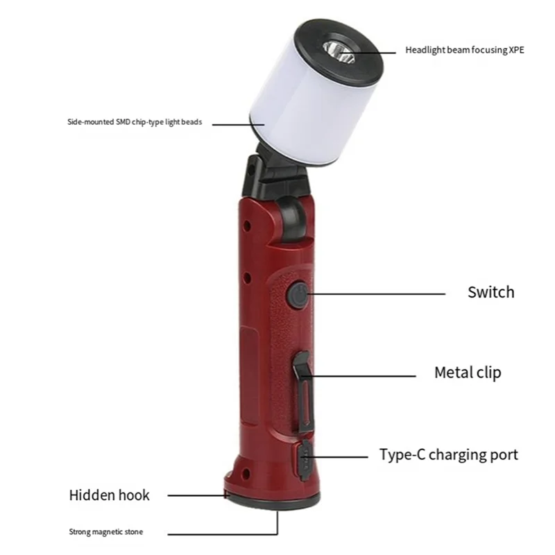 

ABCA-Portable Emergency Work Lights USB Rechargeable Folding Flashlight 180° Repair Spotlight Camping With Hanging Hook