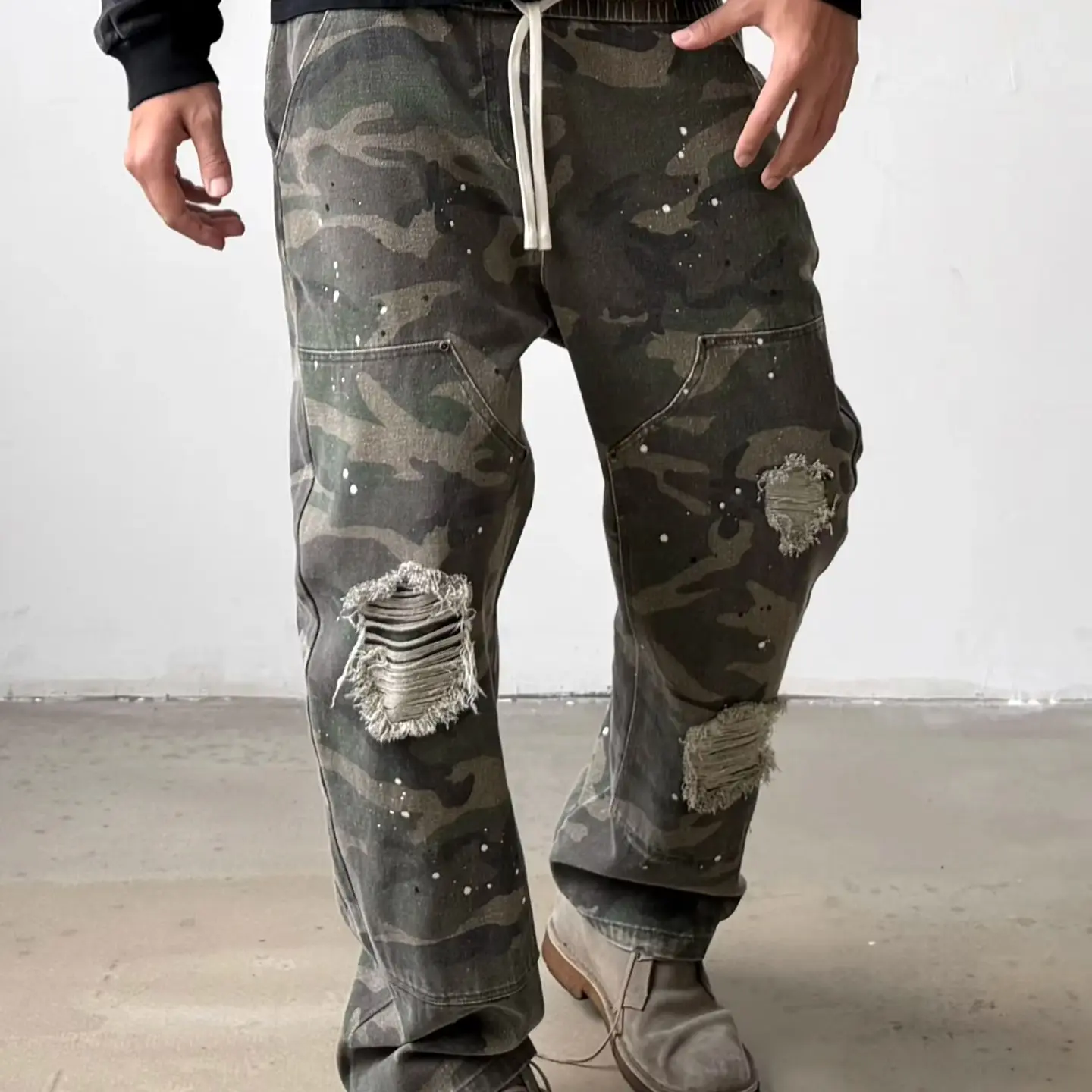 Saint Michael Heavy Duty Washed Distressed Ink Splatter Camo Logging Workwear Trousers Men Women Loose Cargo Pants Streetwear