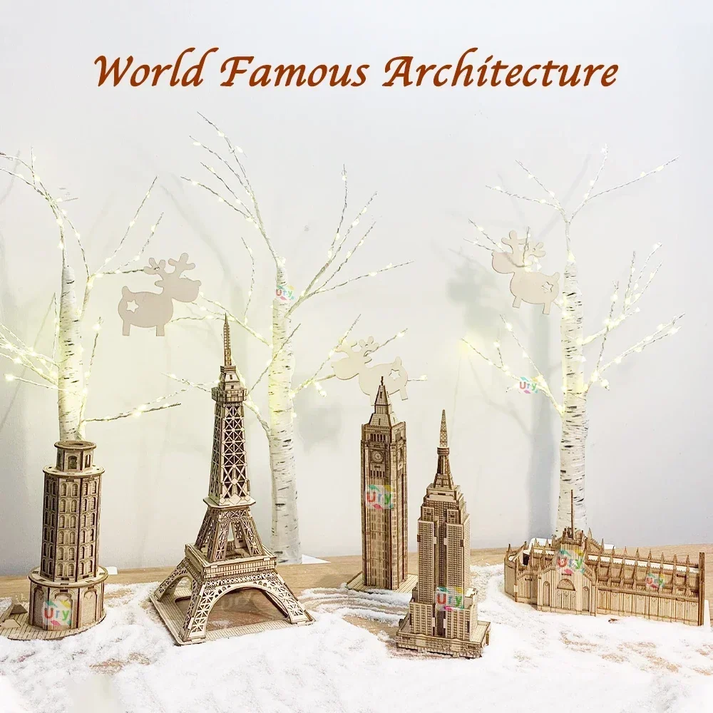 Ury 3d quebra-cabeça de madeira torre eiffel inclinada de pisa famosos clássicos europeus construção modelo de arquitetura mundial brinquedos diy decoração
