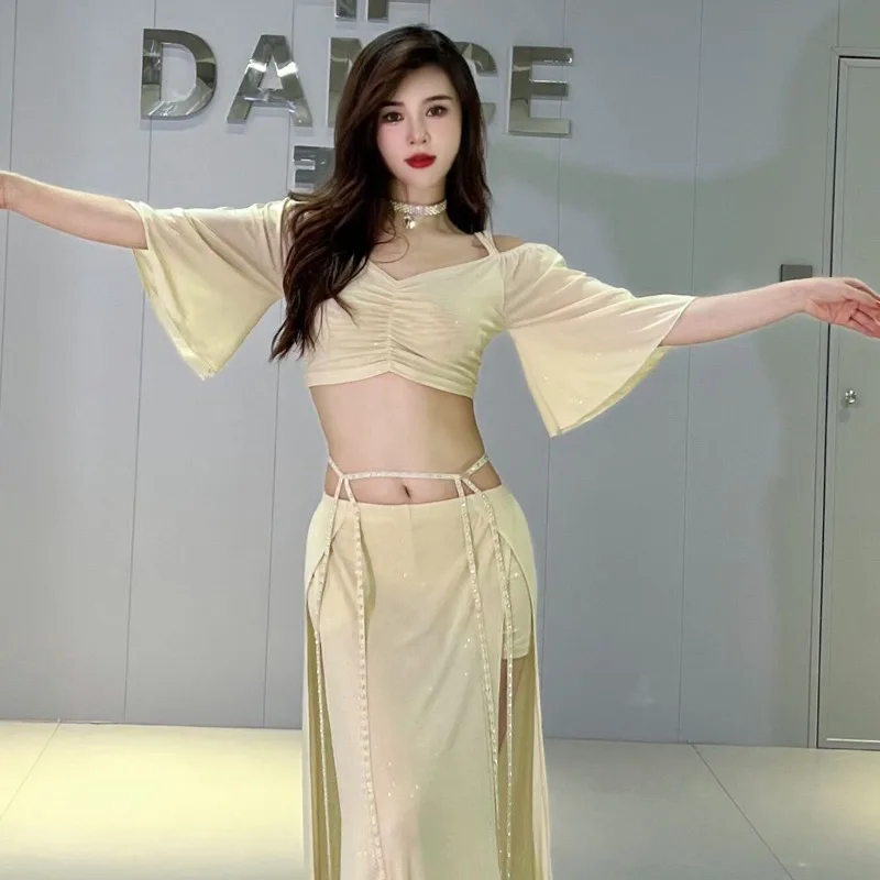 

Customized Mocha Belly Dance Costumes Mesh Practice Clothes Set Class Dress Top+skirt (skirt Comes with Safety Pants)