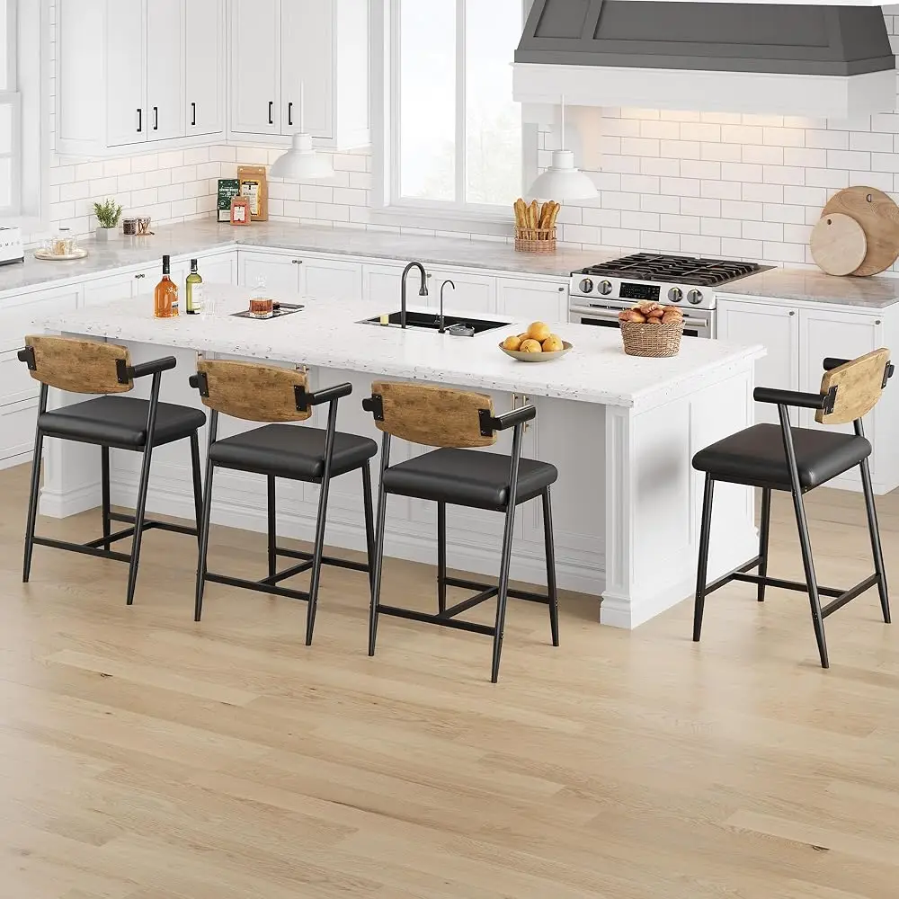 Bar Stools Set Of 2 With Armrests, Counter Height Bar Stools Set With Footrest & Wood Back, Metal Barstools Set With Wide