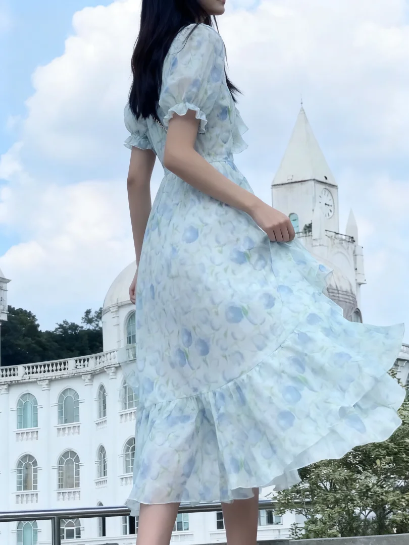 NUOMICI Primavera Verano vestido de mujer falda de cola de pez Floral dulce lindo Puff manga vestido largo pradera Chic turismo Camping trajes