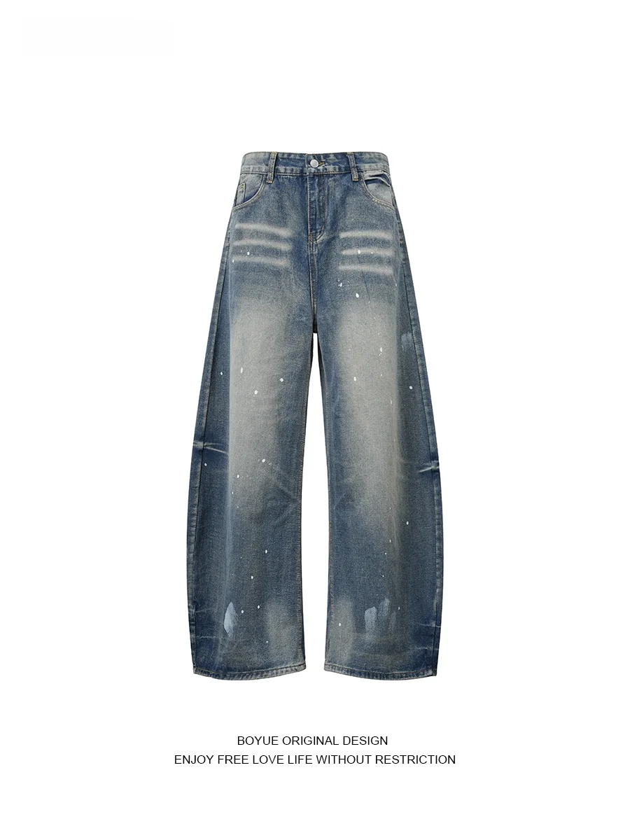 

Boyue American Retro Splaed Ink Denim Jeans Men Women Loose Waed Wide Leg Casual Long Trousers Vintage Sle