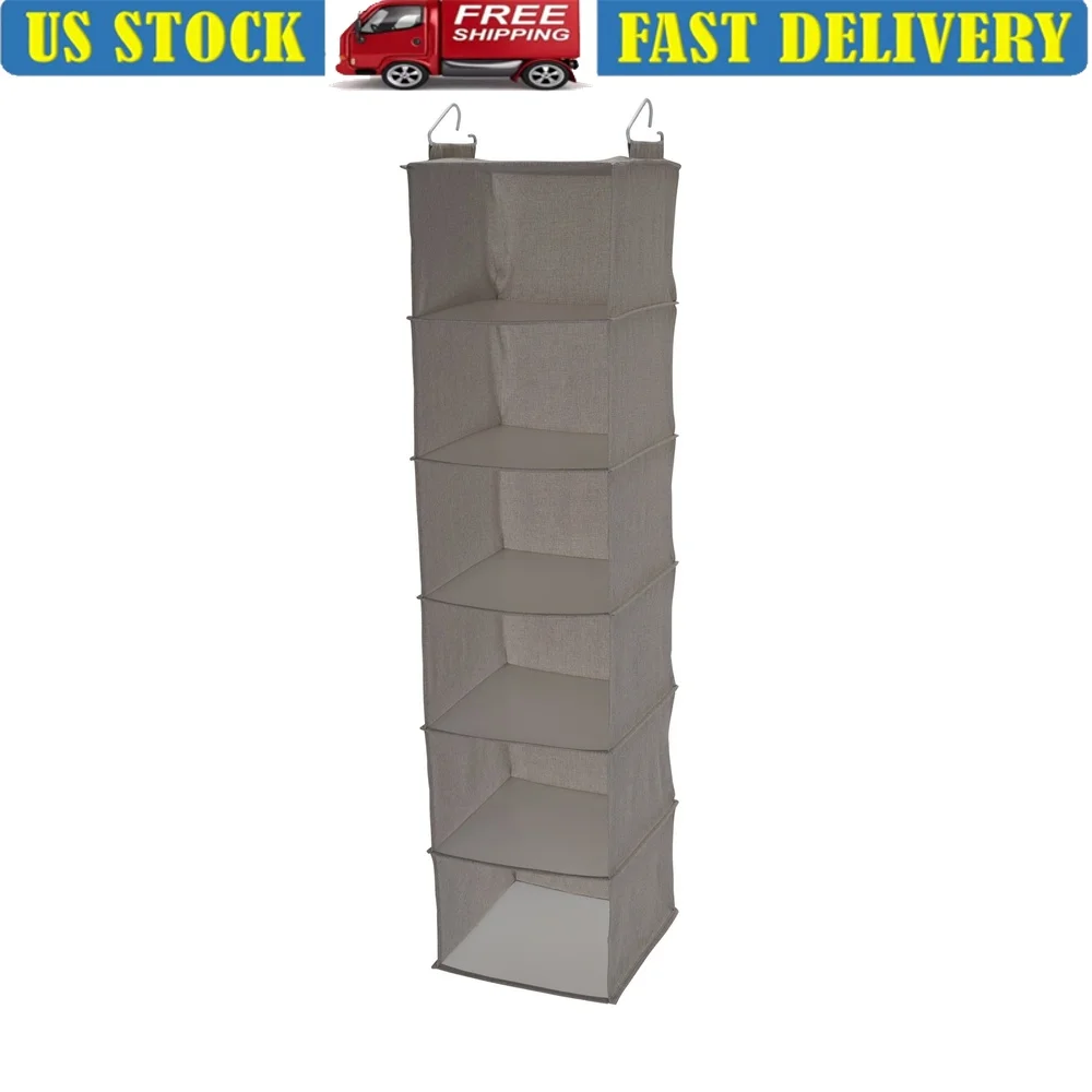 

6 Shelf Hanging Closet Organizer Poly Linen PEVA Shelving Storage Solution Bedroom Bathroom Hallway Rod Wire Closets
