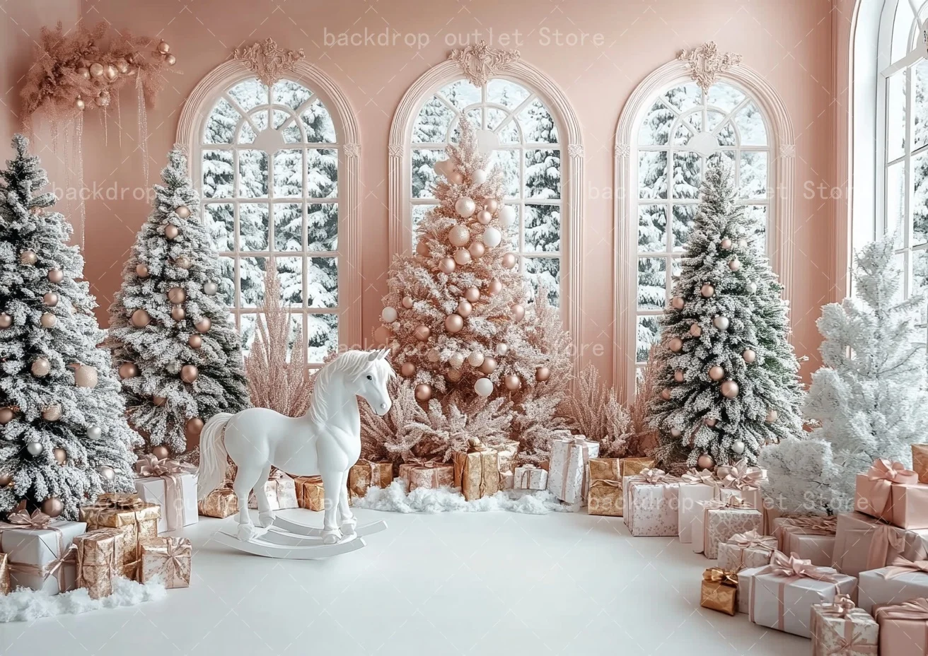 Mehofond rosa natal fotografia fundo retro arco interior janela presente árvore de natal crianças retrato pano de fundo decoração