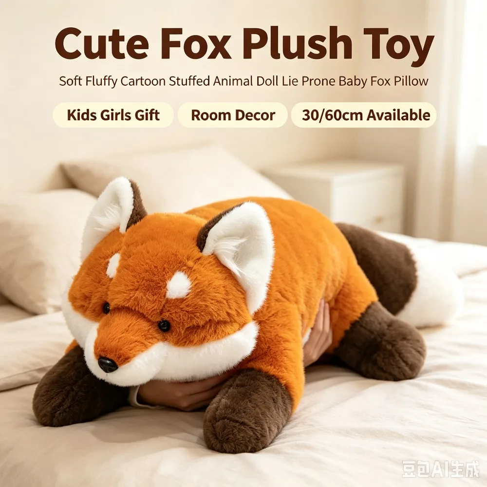 30/60cm Cute Fox Plush Toy Soft Fluffy Cartoon Stuffed Animal Doll Lie Prone Baby Fox Pillow Kids Girls Gift Room Decor