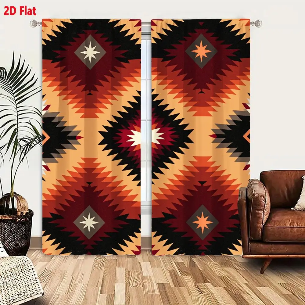 2Pcs Curtains 2D Flat Native American Style Tribal Geometric Pattern With Red Orange Black Shades, Diamond Star Motifs, Symmetri