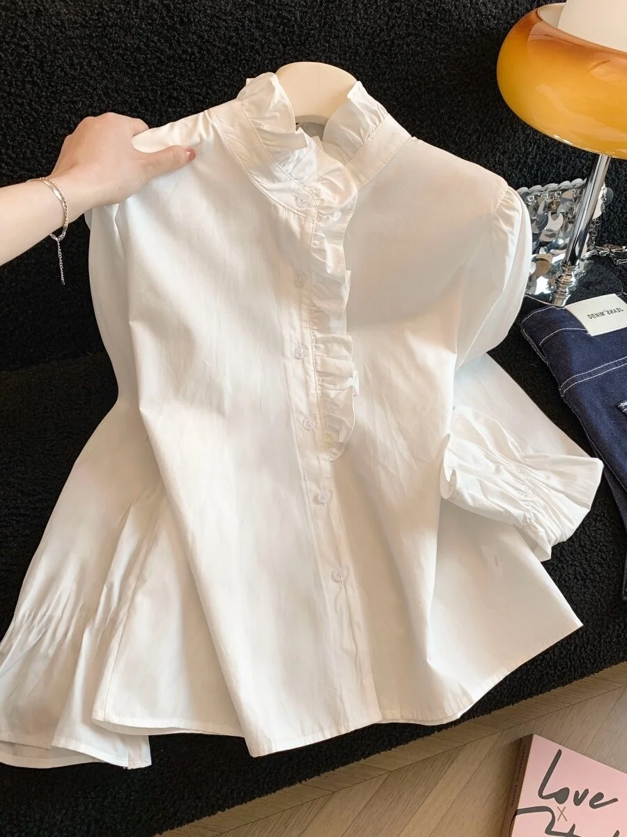 

Женская блузка Sweet Sle Long Sve с воротником-стойкой, цветочным кружевом и дизайном в виде грибов, весенняя модная шелковая блузка с завышенной талией