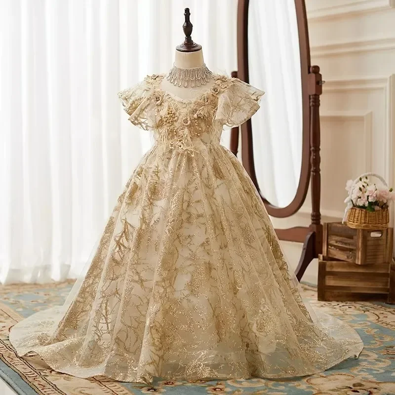 

Luxury Gold Flower Girl Dresses Pageant Gown for Wedding Feather Beaded Ruffles Birthday Party Princess First Communion Gowns