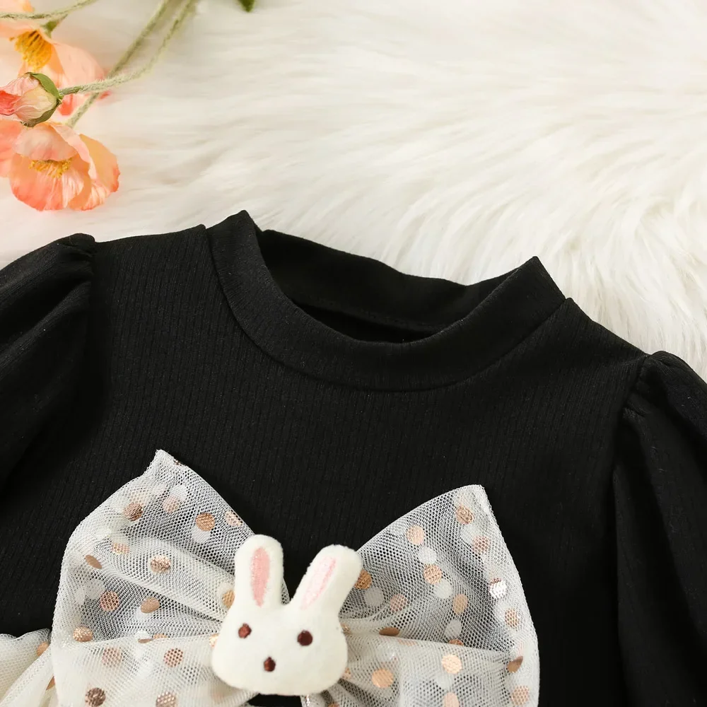 Autumn New Girls Long Sleeve Round Neck Pattern Plush Rabbit Bow Polka Dot A-line Dress (0-3 Years Old Girls)