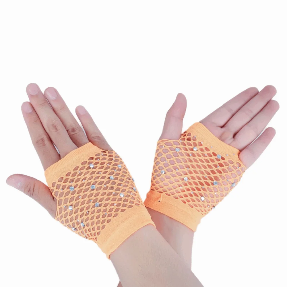 Short Elastic Rhinestone Gloves Black White Punk Fishnet Fingerless Gloves Gothic Style Shiny Mesh Lace Gloves Dance Wear