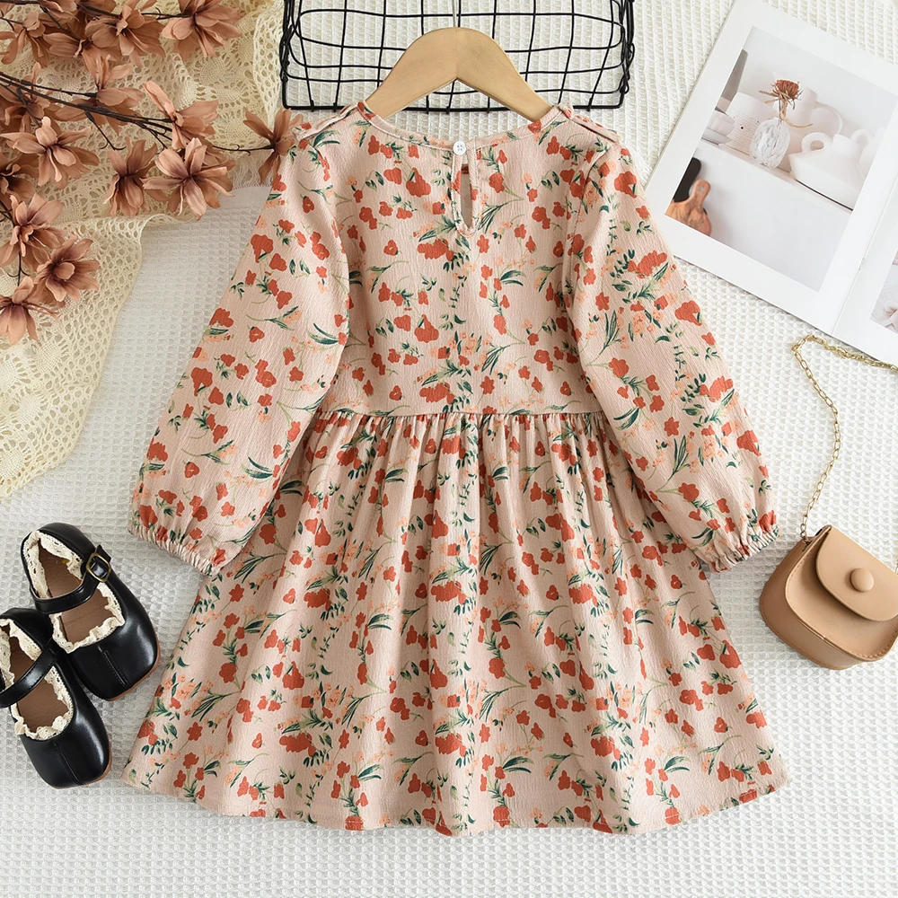 Girls Casual Dresses Round Neck Patchwork Pleated Floral Dresses Spring and Autumn Long Sleeved Printed Dress for 3-7 Years Old