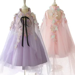 Sommer Kinder rosa Blumen mädchen Hochzeits kleid mit Tüll Umhang lila Geburtstags feier Party Junior Brautjungfer Kleid Größe 2-14