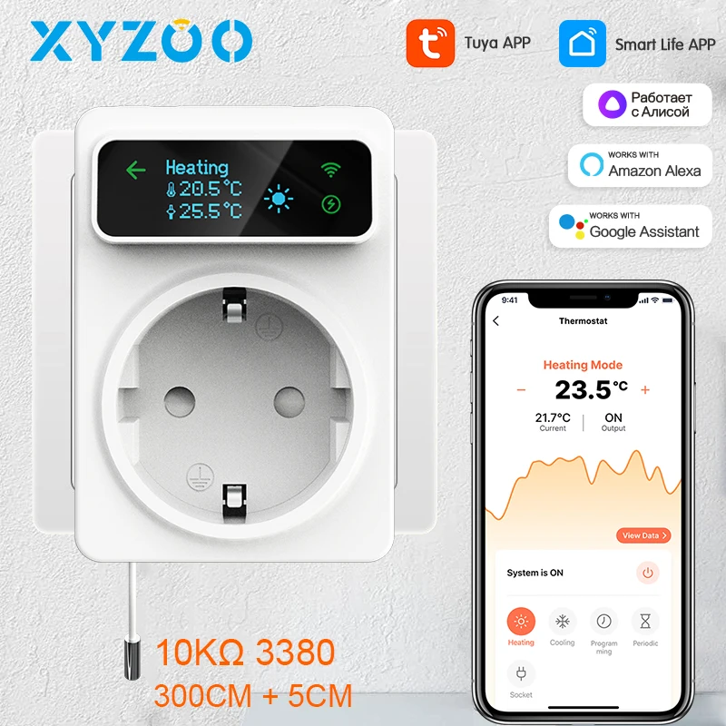 Controlador de temperatura WiFi, enchufe inteligente Tuya, enchufe de salida del termostato, modo de calefacción y refrigeración, Control remoto,