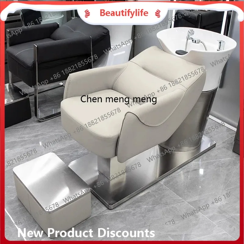 Discounts Semi-reclining shampoo bed Stainless steel ceramic basin for barber shop Massage flush beauty bed