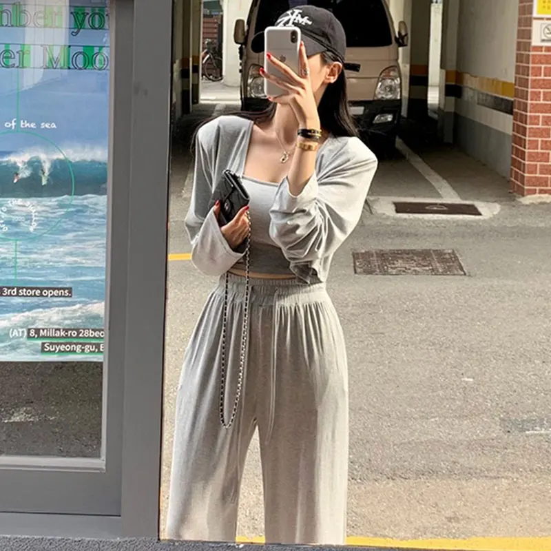 

Chic Simple Slim Fit Vest Strap+ Single Button Open Cardigan Jaet+ High Waist Belted Drapey Casual Long Pants Women Set