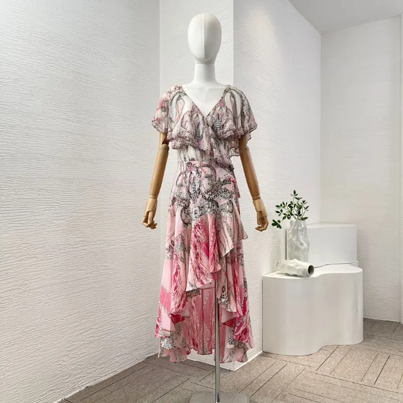 Mini vestido estampado com flores cor de rosa, gola V profunda, manga curta, diamantes, bainha irregular, moda verão, nova chegada, 2024