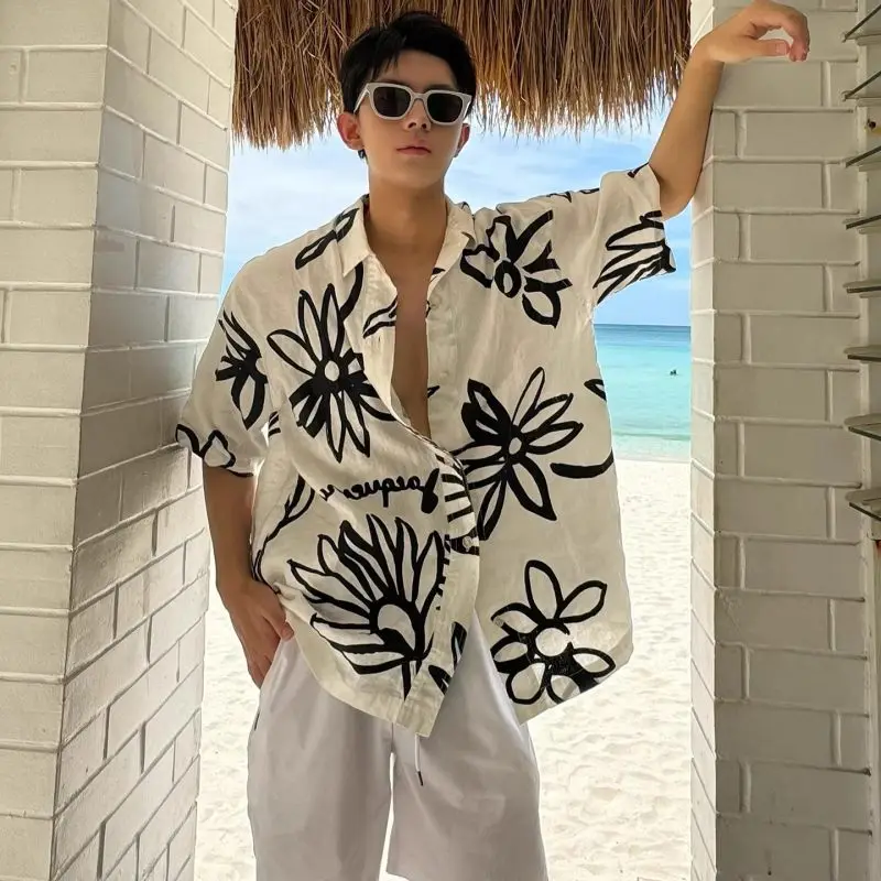 

Youthful Cuban Collar Short Sleeve Shirt Men's Fashion Street Style Hong Kong Trend Breathable Casual Cotton Summer Shirt