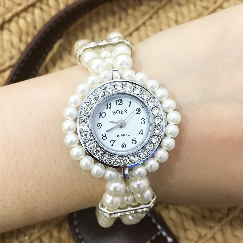 1PCS Fashion Women Casual Pearl String Watch Crystal Rhinestone Strap Quartz Wrist Female Clock