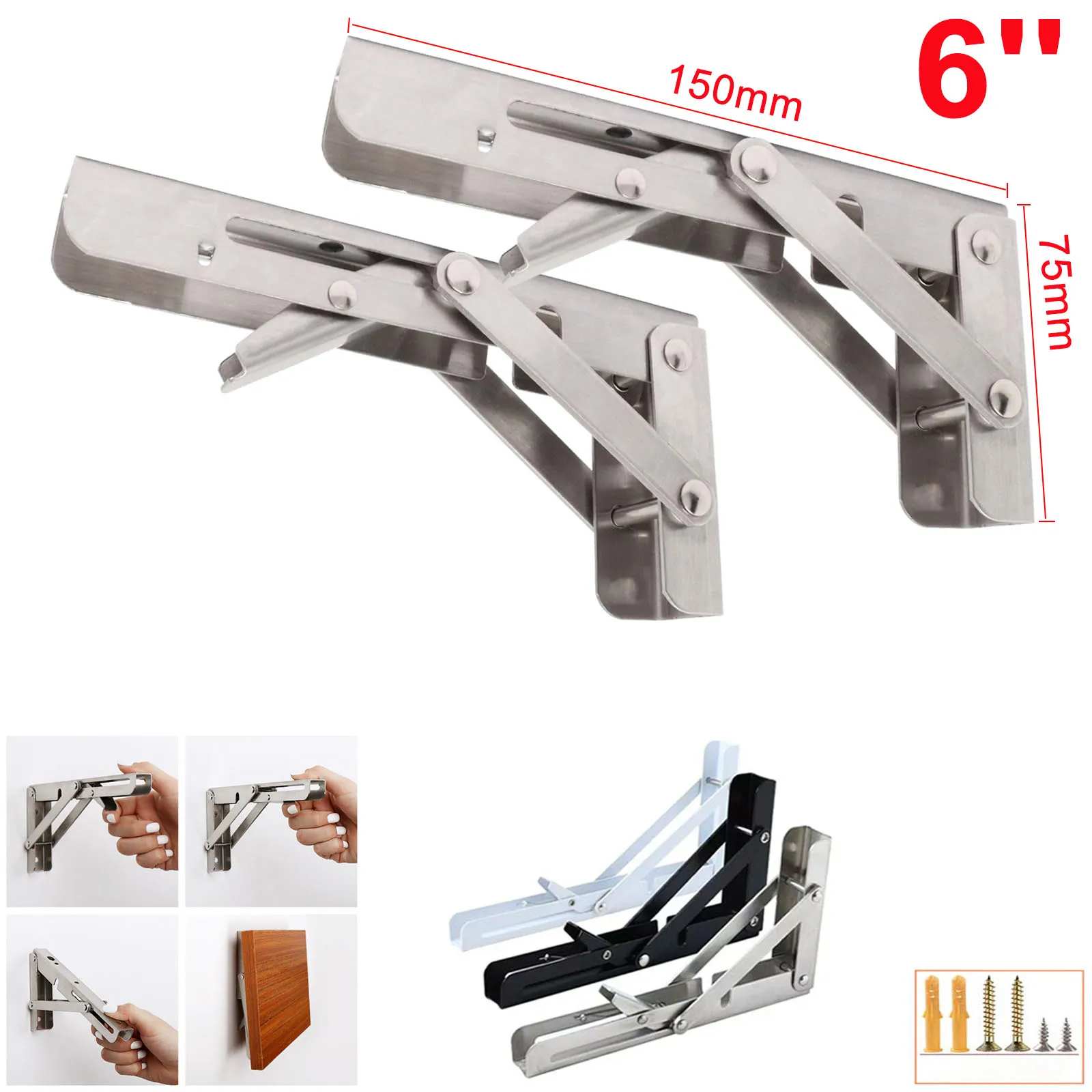 6'' Folding Shelf Brackets with screws Adjustable Collapsible Wall Shelves Triangle Brackets for Table Work Bench 2/4/6PCS